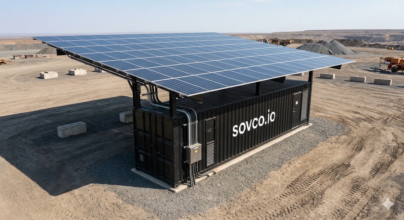 Simulated image of a SovPod AI container unit with an integrated solar canopy deployed at a remote open-pit mining site, branded sovco.io.